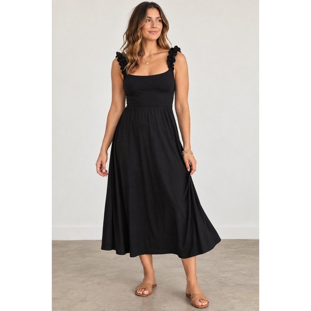 Reformation Black Ruffle Strap Square Neck Tencel Midi Dress Medium Knit Minimal